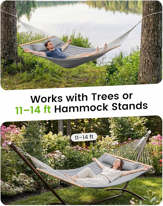 Double Quilted Outdoor Hammock for 2 Adults, 500lb Capacity Backyard & Camping Hammock with Pillow and Bamboo Spreader Bar, Fits 11–15ft Hammock Stands (Stand Not Included),Dark Gray