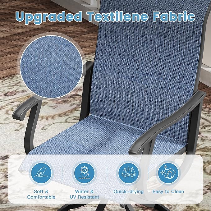 DIFY Outdoor Dining Set for 8, 9 Piece Patio Table and Chairs Set, Swivel Patio Dining Chairs with Blue Textilene & 60" Black Round Metal Dining Table with Umbrella Hole, for Garden Backyard Deck