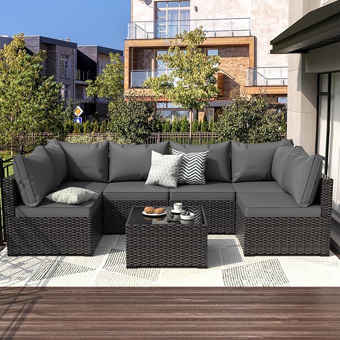 Patio Furniture Set, 7PCS Outdoor Sectional PE Rattan Patio Conversation Set w/Thickened Cushion Modular Wicker Patio Sofa Set w/Coffee Table for Balcony, Backyard(Grey)