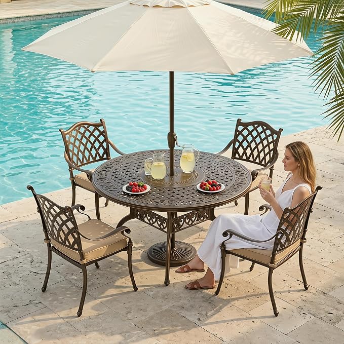 5 Piece Outdoor Dining Set Cast Aluminum, Retro Patio Dining Furniture Set for 4 Includes 54’’ Round Table 4 Chairs with Thicker Cushion and Umbrella Hole for Patio Deck Garden