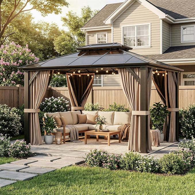 10'x12' Hardtop Gazebo, Outdoor Polycarbonate Roof Canopy, Aluminum Frame Permanent Pavilion with Curtains and Netting, Canopy for Garden, Patio, Lawns