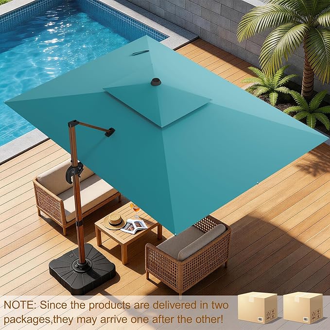10x13FT Cantilever Outdoor Patio Umbrellas with Base, Double Top Wood Pattern Rectangle Umbrella, Heavy Duty 360°Rotation Offset Umbrella for Garden Deck Pool Patio, Turquoise