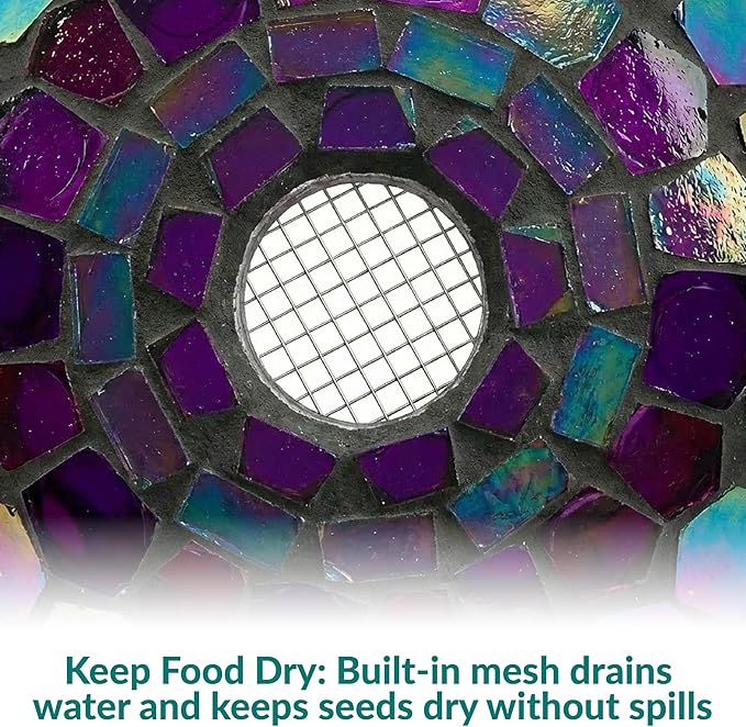 Sunnydaze 6-Inch Glass Mosaic Hanging Bird Feeder for Outdoors - Fly-Through Glass Bird Feeder for Cardinals, Jays, Finches and More - Iridescent Purple Mosaic