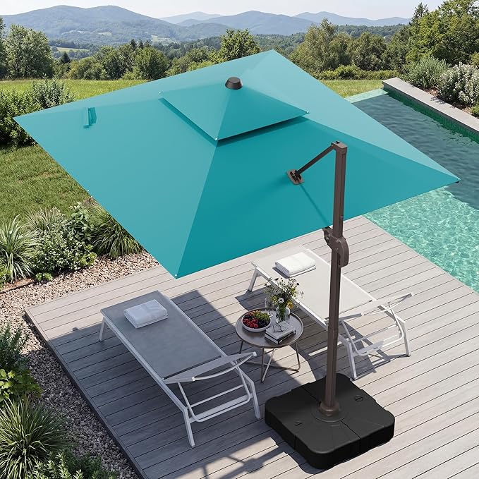 GENTEACO 10X10 FT Cantilever Umbrella with Base Included, Large Offset Patio Umbrella with Double Top, 6 Angle Tilts & 360° Rotation, Large Square Sun Umbrellas for Outdoor Pool Market, Turquoise Blue