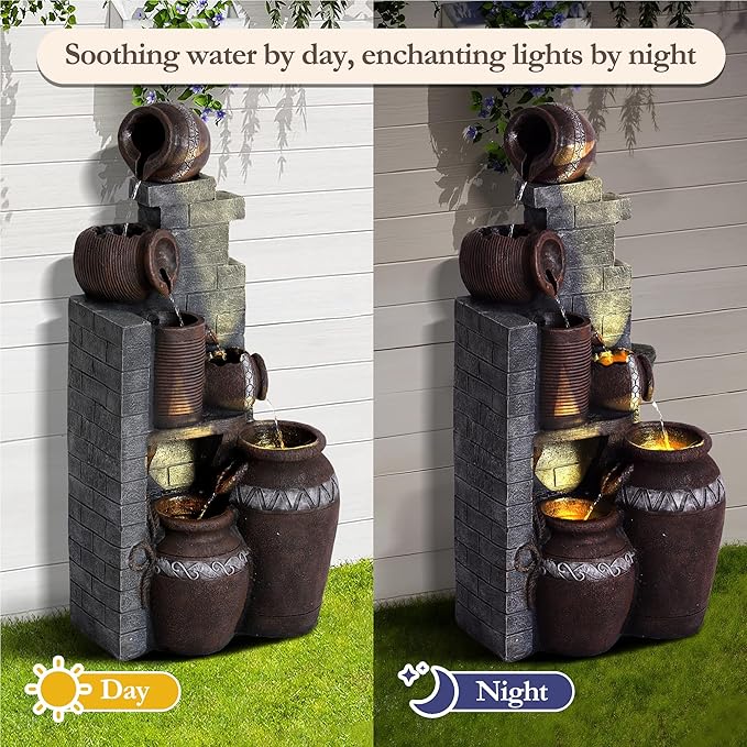 6 Tiered Outdoor Waterfall Fountains, Garden Waterfalls with LED Lights, Cascading Flow Fountain for Garden, Yard, Patio, Home Decor (10.6"(L) x 14.6"(W) x 31.5"(H))