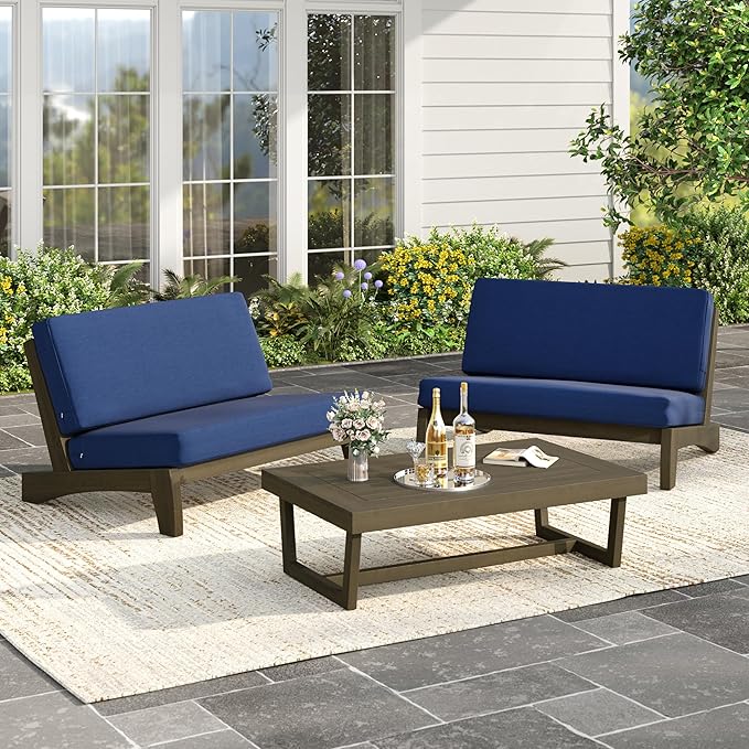 UIXE Wood Patio Furniture Sets, 3 Pieces All Weather Patio Loveseat Sofa Outdoor Sectional Futniture Backyard Conversation Set with Solid Wooden Coffee Table - Navy Blue
