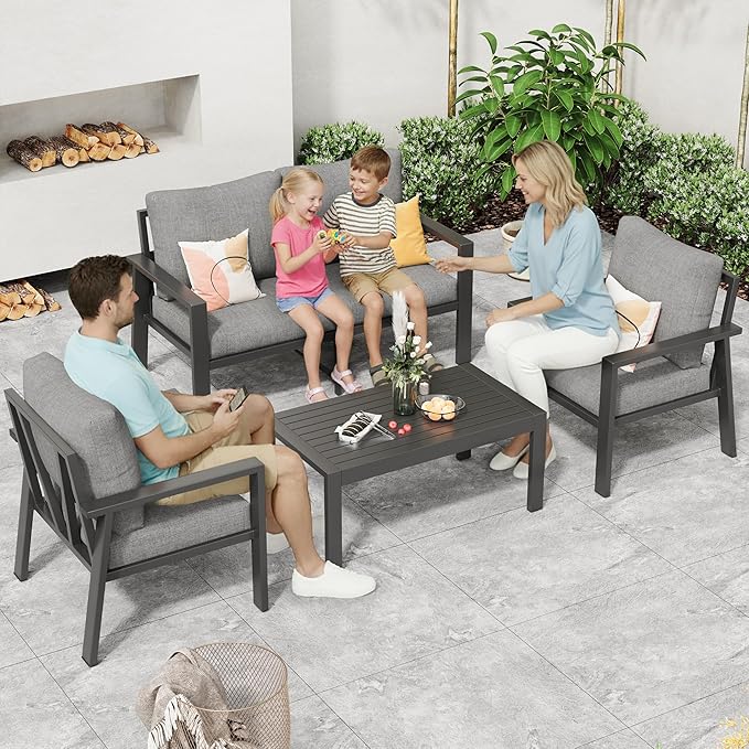 4-Piece Aluminum Outdoor Patio Furniture Sets All-Weather Patio Conversation Set Sectional Sofa with Coffee Table & Cushions with Removable Covers for for Deck Backyard Garden Poolside Balcony Porch