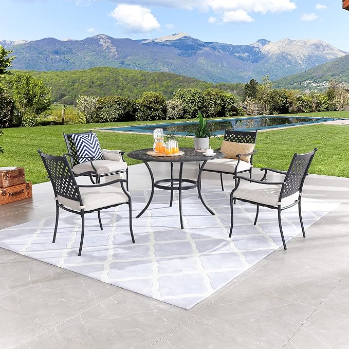 LOKATSE Home 5 PCS Outdoor Patio Dining Set with 4 Armchair with Cushions and 1 Round Table with 2.04" Umbrella Hole for Garden Backyard Poolside