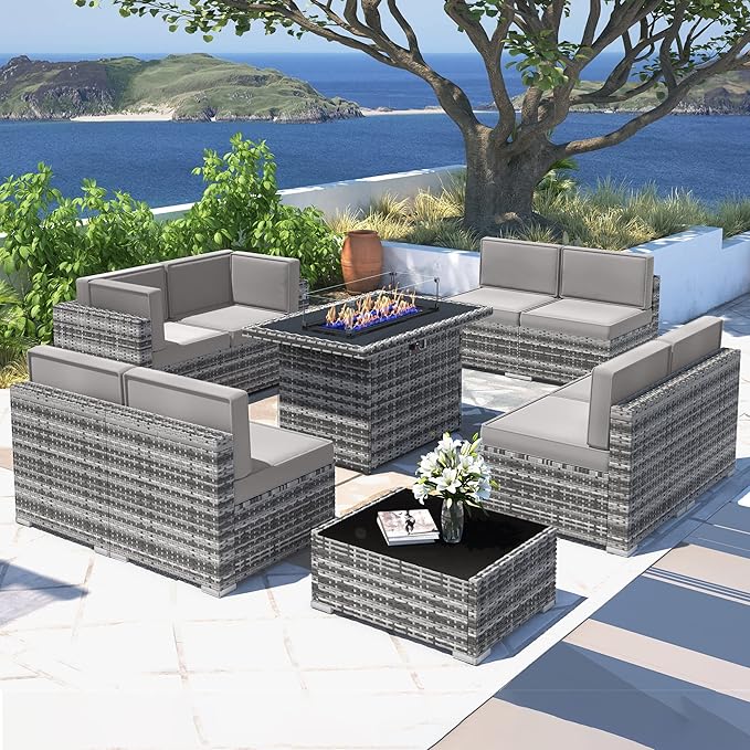 10 Pieces Patio Furniture Set with 44" Propane Gas Fire Pit Table, Outdoor Sectional Wicker Conversation Sofa Sets with Coffee Table
