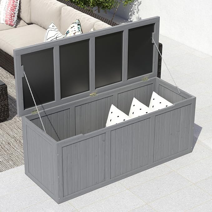 Domesto 112 Gallon Extra-Large Outdoor Deck Box, Solid Wood Storage Box Seat & Table Top, For Patio Cushions, Pool, Garden Tools (Grey, 112 Gallon)
