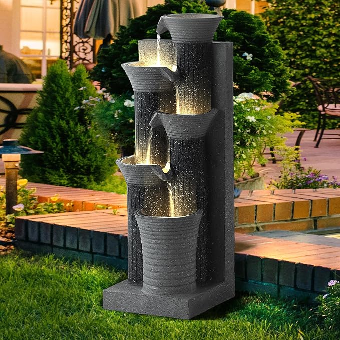 MAGIC UNION Outdoor Water Fountain, 5 Tiers Cascading Waterfall Indoor Water Feature Garden Decor with LED Lights, Patio Resin Fountains for Yard, Deck, Porch and Home, Bamboo Element (Gray)