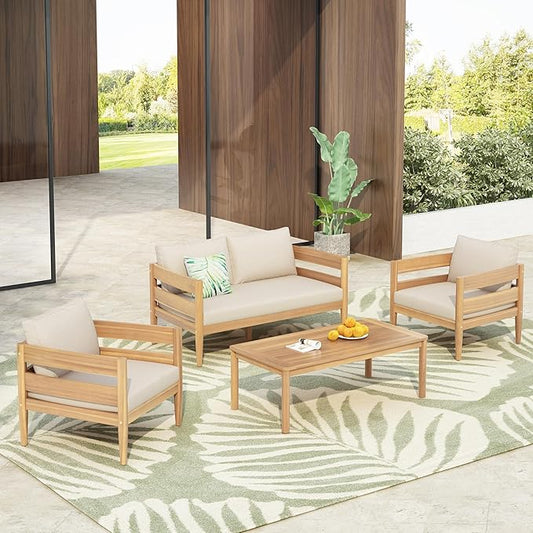 Christopher Knight Home Kory 4-Piece Acacia Wood Patio Furniture Set, Outdoor Conversation Sofa Chat Set with Club Chair and Coffee Table, Patio 4-Seater Seating Group for Backyard Balcony, Teak+Beige