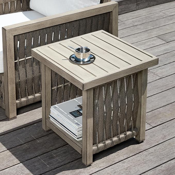 Outdoor Patio Square Side Table, 2-Tier Patio Side Table with Rope Weave, Aluminum Frame Weather Resistant, Patio End Table Furniture Set for Garden Porch Yard Deck, Gray Oak
