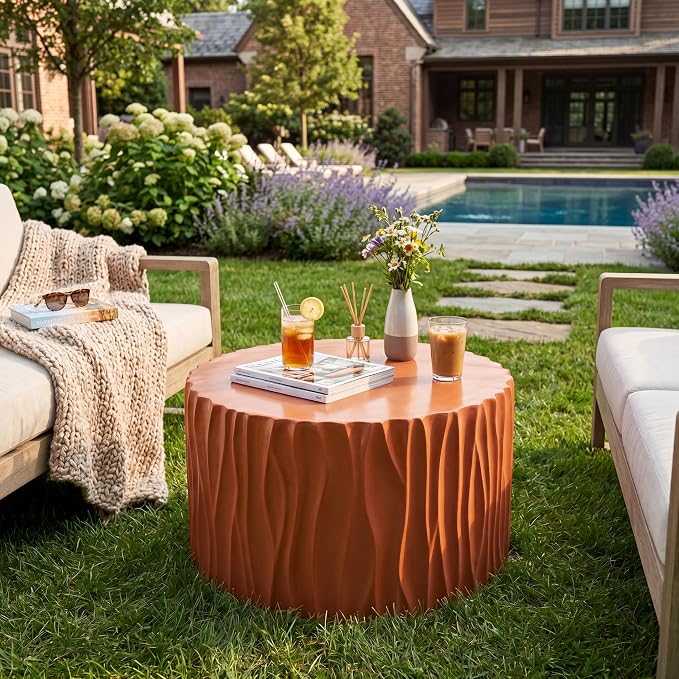 Terracotta Round MGO Coffee Table, Wave Textured Cylindrical Side Table, Indoor & Outdoor Multi-Use Accent Table for Living Room Patio Garden
