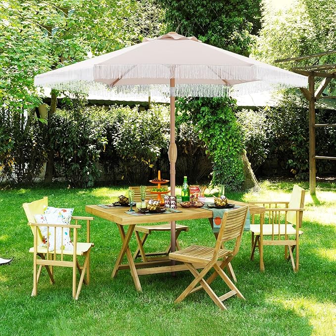 7.5ft Fringe Umbrella,Outdoor Market Umbrella with Push Button Tilt and Crack for Garden, Pool, Deck, Bistro,Khaki