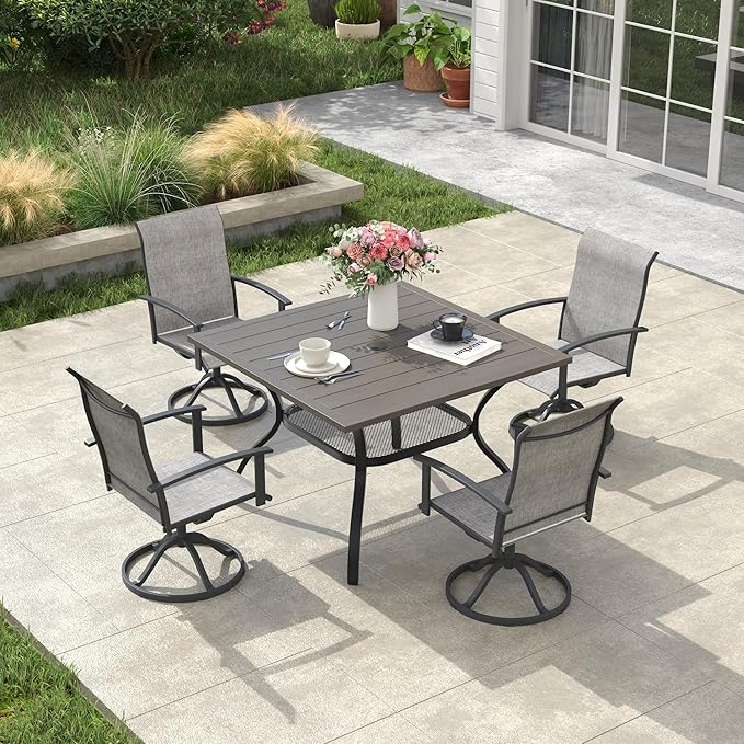 VICLLAX Outdoor Table and Chairs Set for 4, Patio Dining Set of 37.8" Metal Square Patio Table with Umbrella Hole & 4 Swivel Outdoor Dining Chairs for Backyard Lawn, Grey & Antique Grey
