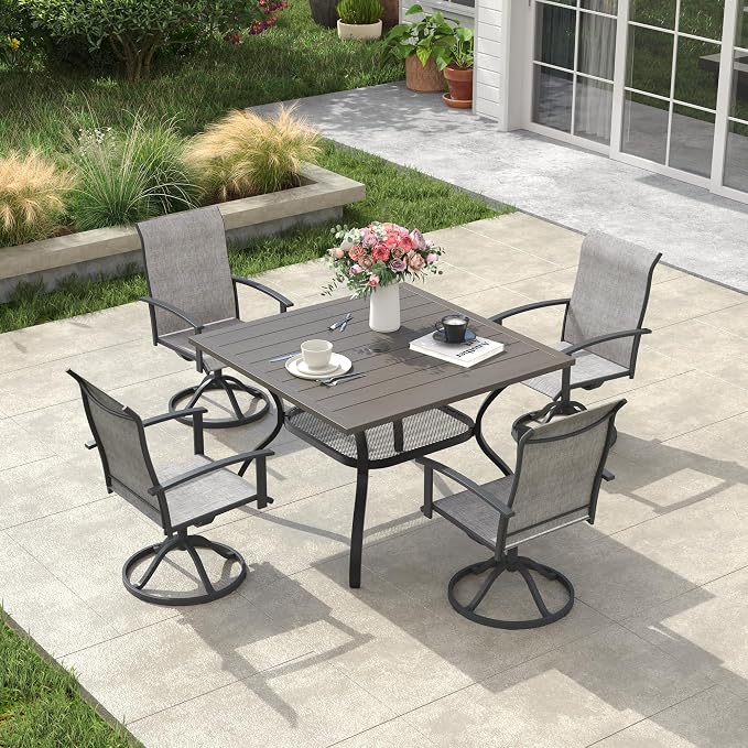 VICLLAX Outdoor Patio Dining Table for 4, Square Patio Table with Umbrella Hole for Patio Lawn Deck Backyard, Antique Grey Tabletop