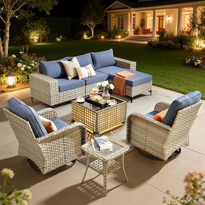 HOOOWOOO 8 Pieces Patio Furniture Set,L Shaped Outdoor Sectional Couch with Swivel Chiars Solar Table, Pe Wicker All Weather Outside Conversation Sofa Ottoman Set,Denim Blue