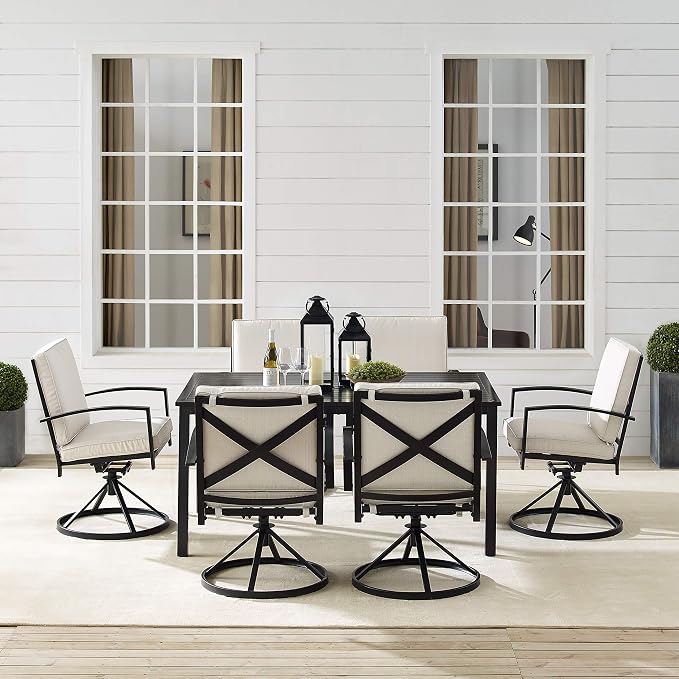 Crosley Furniture Kaplan 7-Piece Outdoor Dining Set for 6, Patio Table and Chairs for Backyard, Deck, Oiled Bronze with Oatmeal Cushions