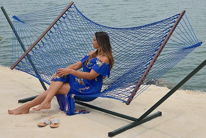 Island Escape Rope Hammock and Stand Set (Mocha Stand and Dark Blue Hammock)