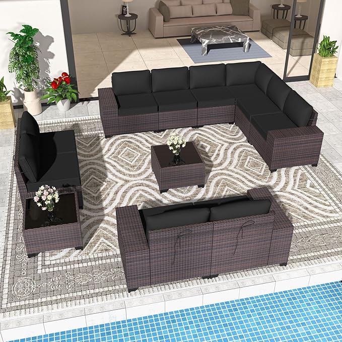 Patio Furniture Set 12 Pieces Outdoor Sectional Sofa Set,PE Rattan Wicker Patio Conversation Set with Thickened Cushions and Glass Coffee Table,Black
