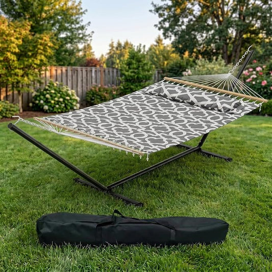 Double Hammock with Stand, Outdoor Freestanding Hammock for Two People, Max 475lbs Capacity, Heavy Duty Steel Frame, Quilted Pillow & Portable Carry Bag, Easy Assembly, Light Gray Geometric Patterns