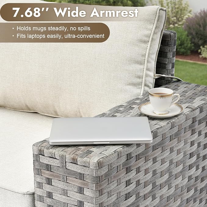 10 Pieces Outdoor Patio Sectional, Wicker Patio Furniture Set with 42 inch Fire Pit Table, All-Weather L Shaped Patio Conversation Set with Swivel Chairs, for Backyard Porch Yard,Beige