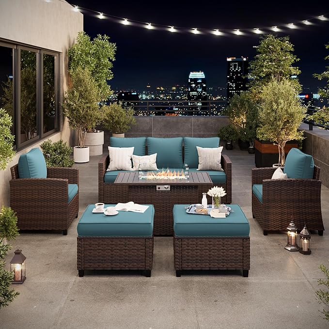 6 Pieces Patio Furniture Set with 44" Gas Fire Pit Table, Outdoor Sectional Conversation Sets, All-Weather Wicker Rattan Sofa w/Gas Fire Pit, Ottoman, Thick Cushion Light Blue