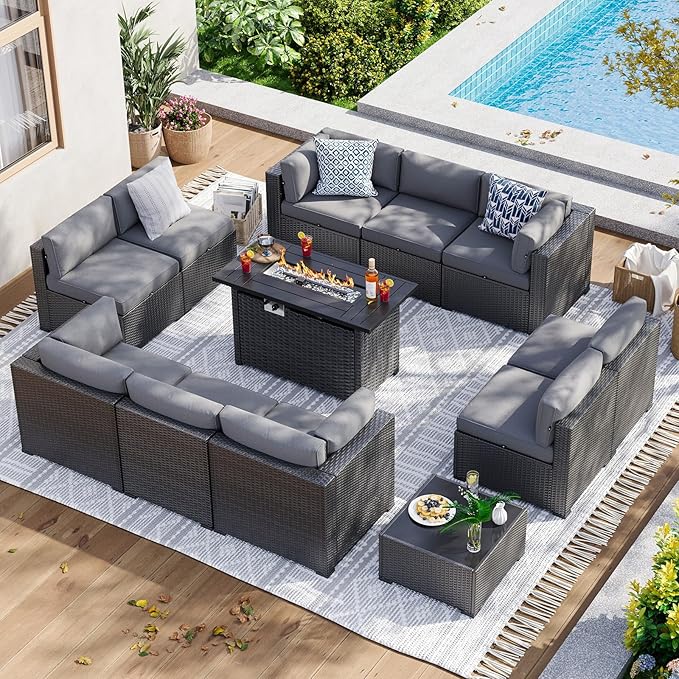 Aoxun 15 Piece Patio Furniture Set with 44” Fire Pit Table Rattan Patio Sectional Sofa Set Outdoor Seating Furniture with Thickened Cushion, Grey