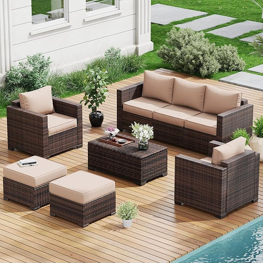 Amopatio Patio Furniture Set, Outdoor Furniture Wicker Rattan Sofa, Outdoor Sectional Set with Ottomans, Patio Conversation Set for Backyard (Khaki)