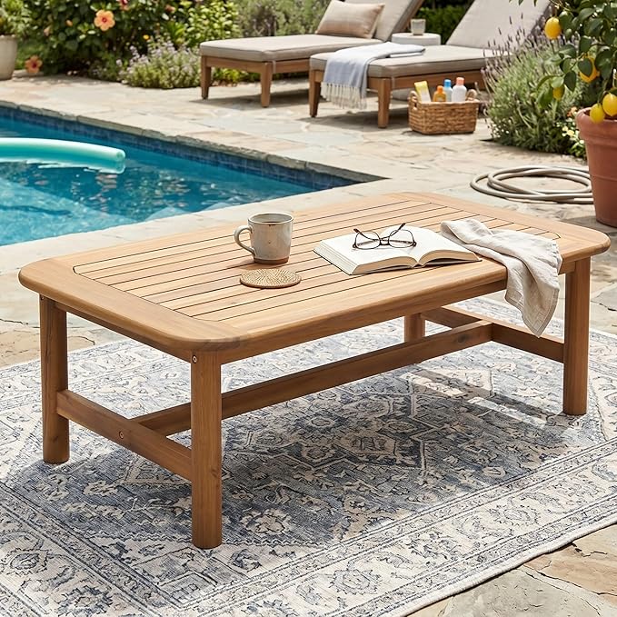 Christopher Knight Home Jun Patio Acacia Wood Coffee Table, Solid Wood Outdoor Table for Patio Furniture Set, Slat Panel Rectangular Top, Light Teak