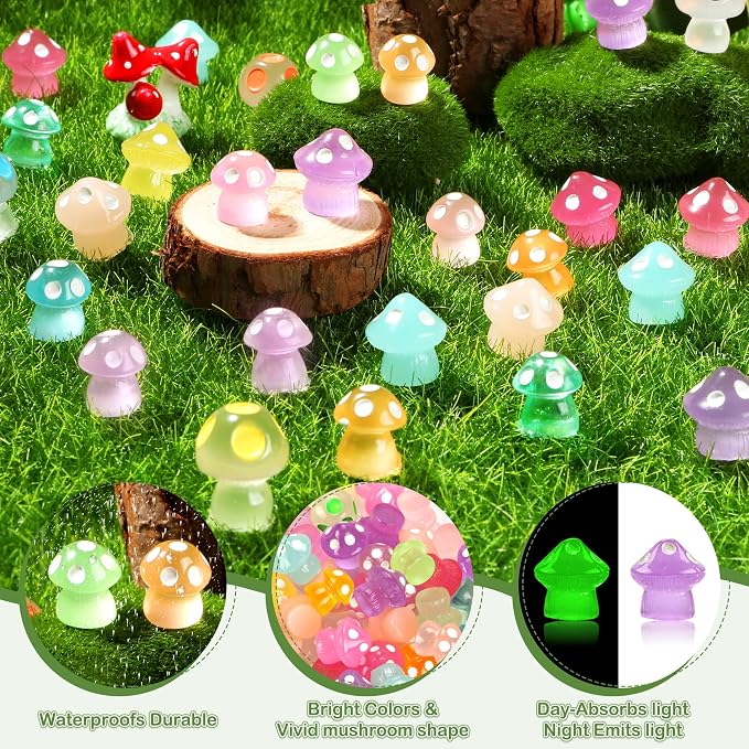 FEXIA 50pcs Mini Resin Mushrooms Little Mushroom Figures Tiny Figures Glow in the Dark for Aquariums Dollhouses Fairy Garden Mushroom Decor Landscape