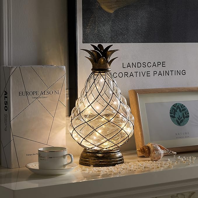 MOZEAL Extra Large Glass Pineapple Light,13 in Lantern Decorative,IP44 Waterproof,6 Hours Timer,Battery Operated,As a Gift,for Farmhouse/Garden/Outdoor/Patio/Porch/Table/Backyard/Beach/Mantle Decor