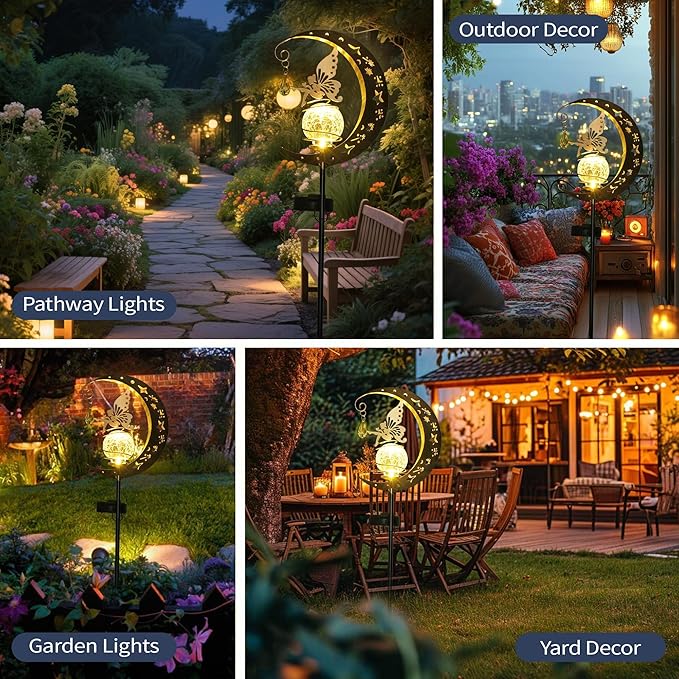 Moon Solar Lights Outdoor Waterproof Metal Fairy Moon Solar Lanterns for Garden, Patio, Yard, Gift for Women, Mom, Family Solar Powered, Durable, Garden Decor Figurine Lights