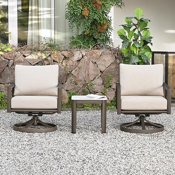 HAPPATIO Patio Conversation Set, 3-Piece Aluminum Oversized Patio Furniture Set with Rope Backrest, Side Table and 2 Swivel Chairs with Thick Cushion, Hand-Brushed Frame for Yard, Porch, Balcony