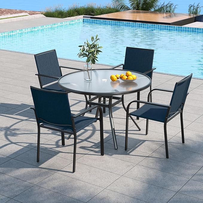 Anmutig 5-Piece Outdoor Patio Dining Set, 40-Inch Round Glass Table with 4 Stackable Chairs, Navy