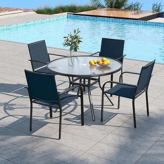 Anmutig 5-Piece Outdoor Patio Dining Set, 40-Inch Round Glass Table with 4 Stackable Chairs, Navy