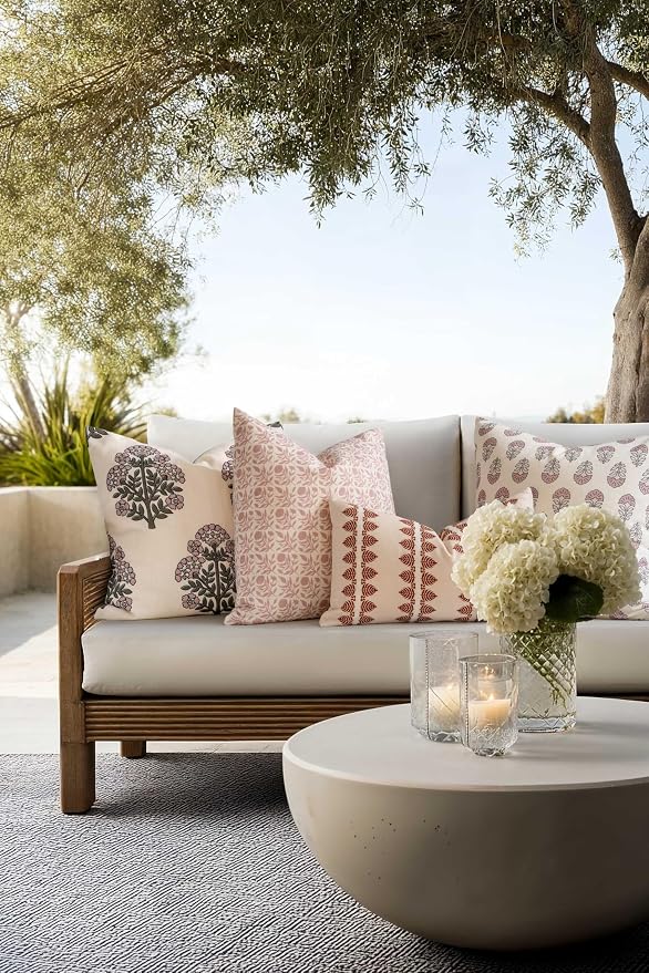 Crumbs Home Modern Farmhouse California Casual Indoor Outdoor Throw Pillow Cover, 20"x20" Water Repellent for Patio, Backyard, Couch, Poolside, Dark Rose Print Floral and Leaves Geometric