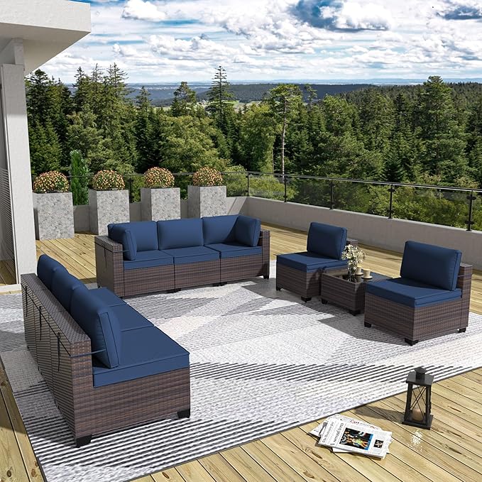 Patio Furniture Set 9 Pieces Outdoor Sectional Sofa Set,All Weather Wicker Patio Sofa PE Rattan Patio Conversation Set w/Cushions and Glass Coffee Table,Navyblue