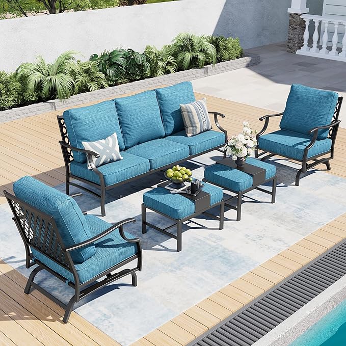 7 Piece Metal Outdoor Patio Furniture Sets, Patio Conversation Sets 3-Seater Sofa, 2 Rocking Chair, 2 Ottomans with 5.75" Thick Cushion, All-Weather Frame Backyard Furniture, Blue-2