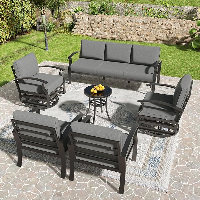 Kullavik Aluminum Patio Furniture Set,6 Pieces 7 Seat Sectional Metal Outdoor Furniture Conversation Set w/5.1" Cushions,Swivel Rocking Chairs Set,Grey