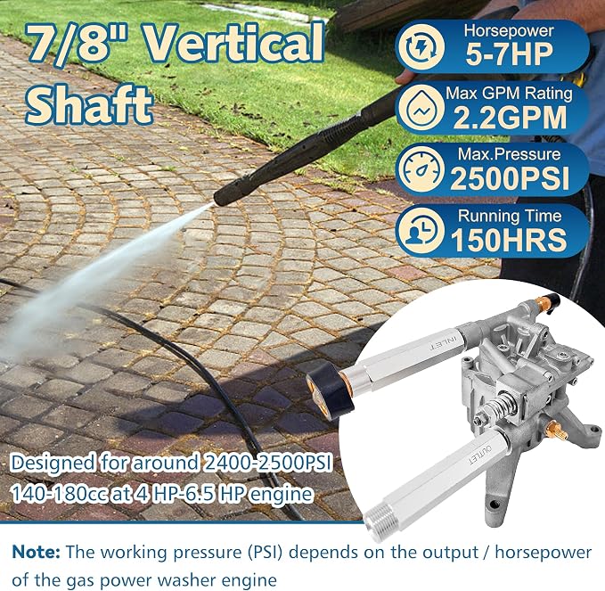 7/8" Pressure Washer Pump Replacement, 2200-2500PSI,Front Inlet/Outlet | 2500 PSI Cleaning Power • Fits 7/8" Vertical Shaft Engines • Ideal for Driveways,Patios, Fences,Vehicles & Outdoor Surfaces