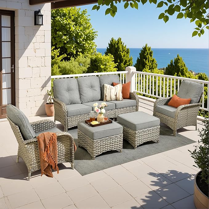 5-Piece Outdoor Patio Furniture Set,All Weather Wicker Rattan Patio Seating Sofa and Chair Set with Ottomans,Outdoor Conversation Sets with 3 Seater Couch for Porch Deck Yard,Grey