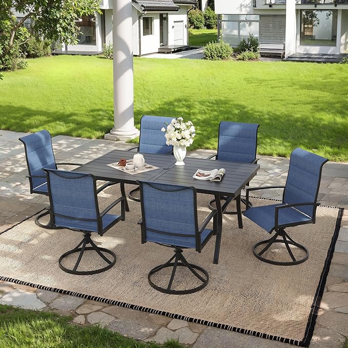 VICLLAX 7 Pieces Outdoor Dining Set, Patio Furniture Set Includes 63" Rectangular Metal Table W/ 1.9" Umbrella Hole and 6 Padded Textilene Swivel Chairs for Porch, Lawn, Garden, Backyard
