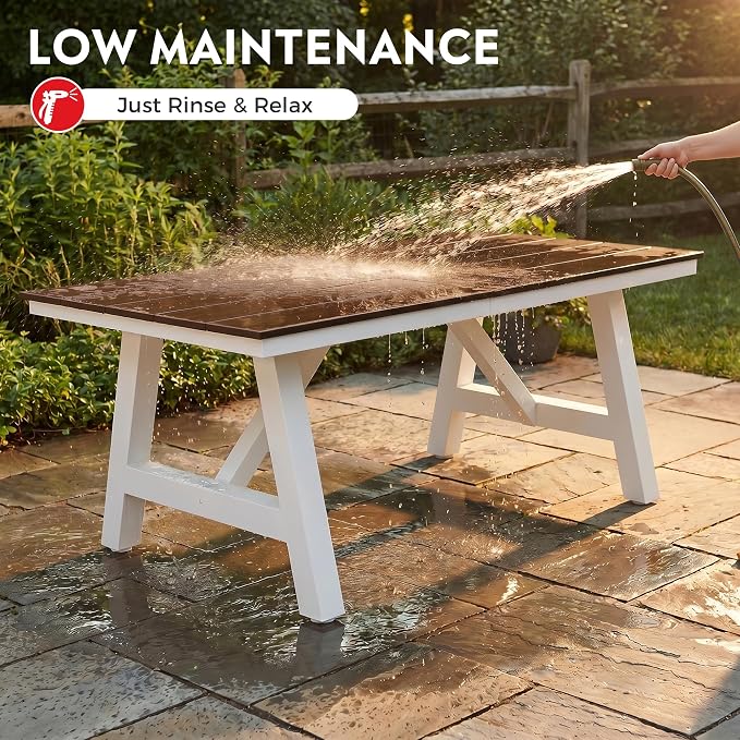 Costaelm Outdoor Dining Tables for Patio, 72" Rectangle 6-Person HDPE Dining Table with Umbrella Hole and Metal Frame for Outside, Garden, Poolside, Backyard, Porch, Balcony, Dark Brown