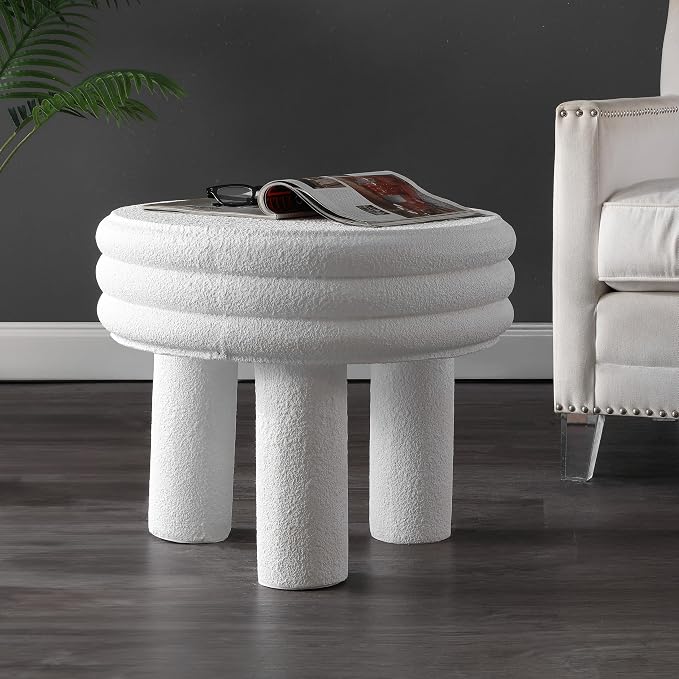 JONATHAN Y Rashida 18" Modern Round Polyresin Indoor Outdoor Accent Coffee Table, Weather Resistant Low Table with Chunky Ribbed Stacked Ring Design and Tripod Pillar Base, White Frosted TBL1106C