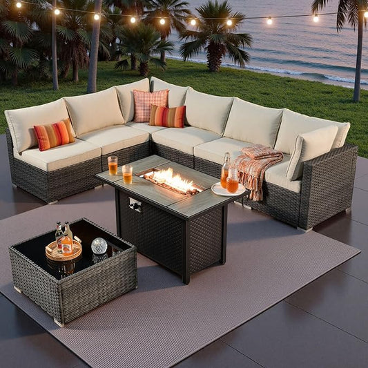 ovios Outdoor 8 Piece Patio Furniture Set with Fire Pit Table,Conversation Sectional Wicker Couch with Coffee Table,Modern Outside Sofa for Balcony Backyard, Beige