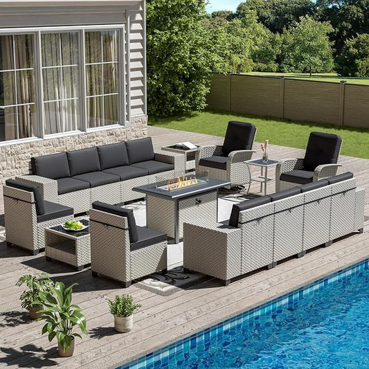 16-Piece Outdoor Patio Furniture Set, Modular Sectional Sofa Set with Swivel Rocker Chairs & Fire Pit, Wicker Outdoor Couch Conversation Sets w/Coffee Table and Cushions, Black