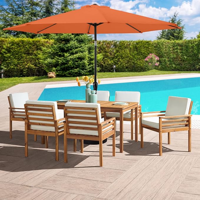 Alaterre Furniture Okemo 8 Piece Outdoor Dining Set with Umbrella - Solid Acacia Wood Outdoor Furniture Set with 63” Patio Table, 6 Patio Chairs, and 10ft Terracotta Umbrella
