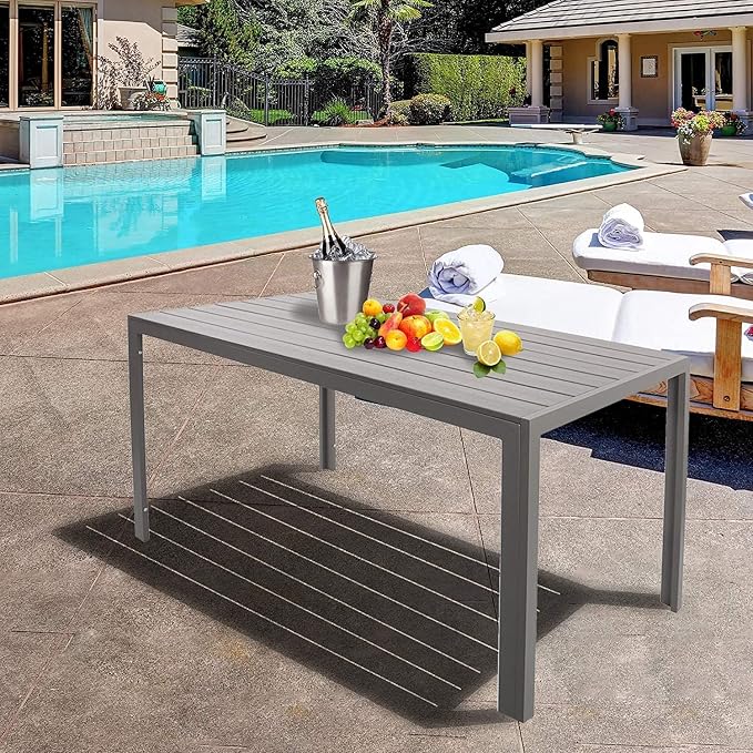 Outdoor Patio Dining Table, Lightweight Aluminum Frame Rectangle Table for 6, PS Table Top Heavy Duty Patio Furniture for Garden, Picnic Table Easy Install Indoor Outdoor Grey